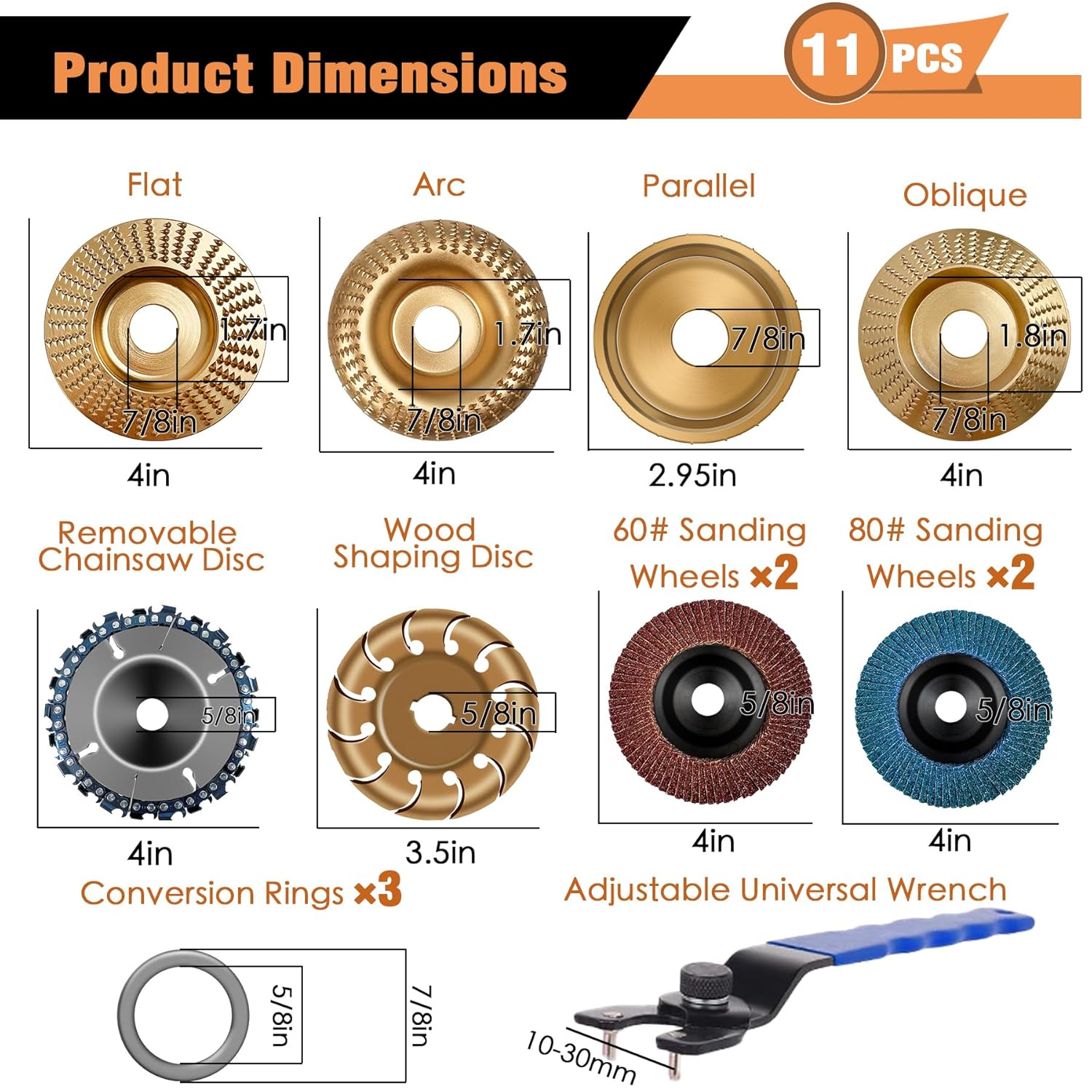 11PCS Wood Carving Disc Set for 4" or 4 1/2" Angle Grinder, Stump Tool Grinding Wheel Disc with 5/8" Adapter Ring, Woodworking Grinder Attachment for Cutting Shaping Carving Sanding Polishing - Image 2